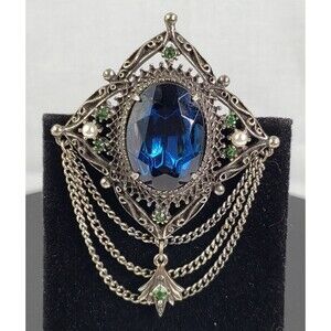 FLORENZA Silver-Tone Metal Blue Rhinestone Faux Pearls Brooch 2.75" L Vintage